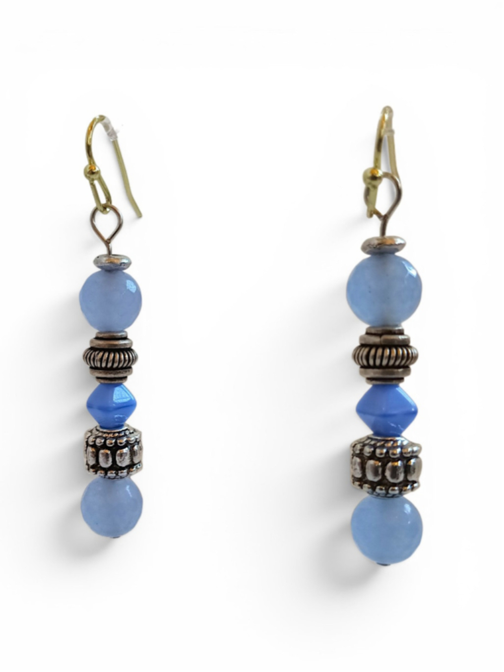 Handcrafted Blue Chalcedony and Silver Beaded Dangle Earrings ornate pretty cute